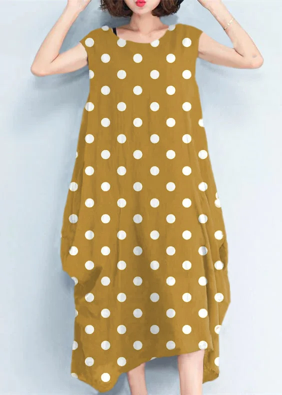 Women's Travel Outfit Set Boho - Chic Festival - Ready Style 2024 Yellow polka dots natural cotton polyester dress oversize sleeveless traveling dress Elegant kaftans