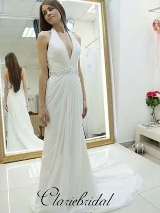 Women's Work Outfit For The Office Fashion-Forward Style Halter V-neck Long Sheath Simple Elegant Wedding Dresses