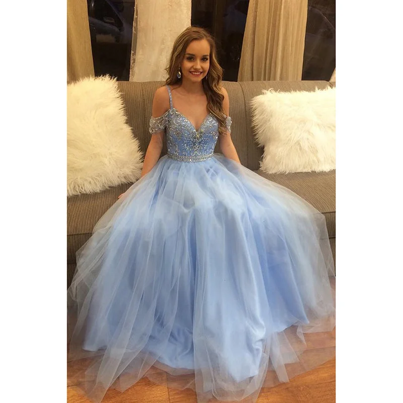 Women's Classic Attire Limited Quantities Dreamy Off the Shoulder Blue prom Dress Beaded Ball Gown Quince Dresses vestidos de 15 anos