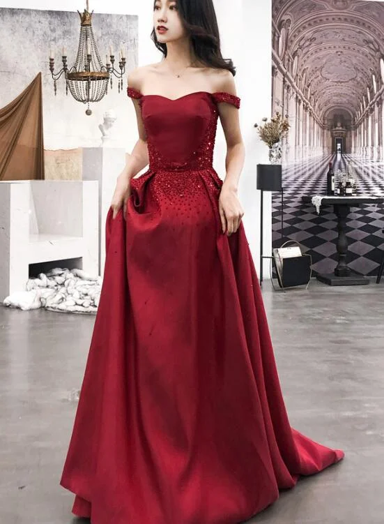 Affordable Women's Garments Minimalist Chic Burgundy Satin Long Sweetheart Beaded Evening Dress, Wine Red Prom Dress   cg16445