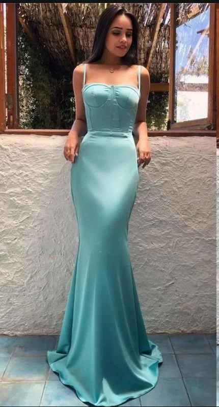 Women's Romantic Outfit Effortless Sophistication Tiffany Blue Soft Satin Spaghtti Strap Mermaid Fashion Prom Dresses cg1269