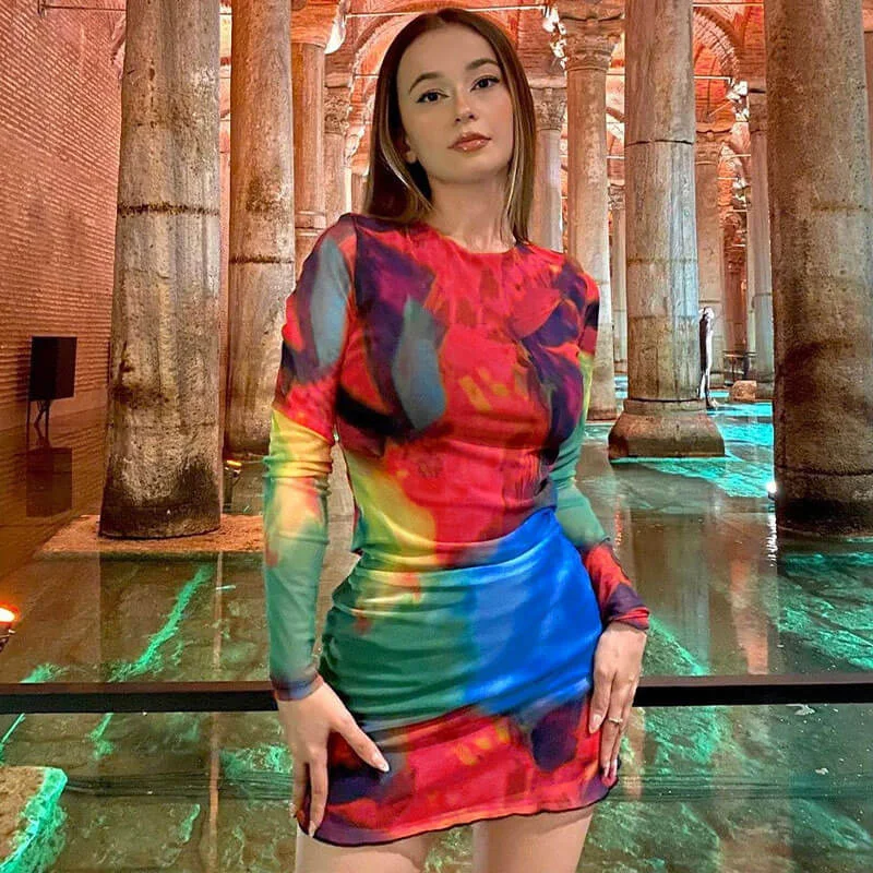 Women's Elegant Clothes Modern Romance Tie Dye Crew Neck Long Sleeve Cut Out Bodycon Mini Dress - Multicolor