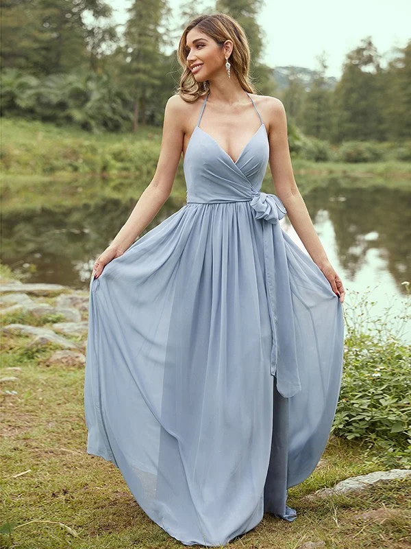 Formal Outfit For Women Update with Cottagecore Styles A-Line/Princess Chiffon Ruffles V-neck Sleeveless Sweep/Brush Train Bridesmaid Dresses