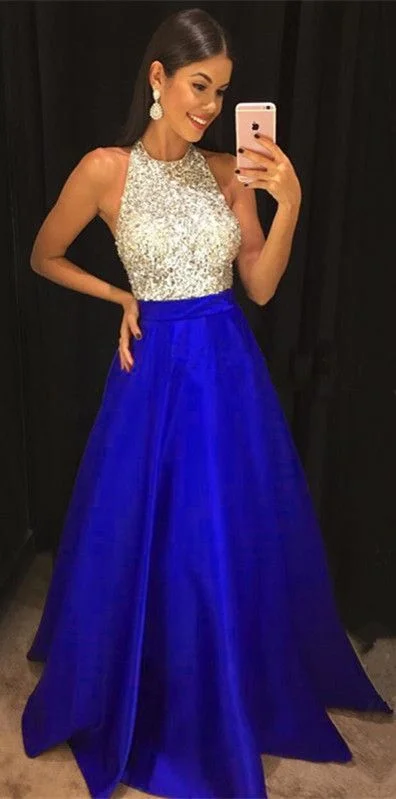 Women's Wardrobe Apparel Final Clearance Royal Blue Prom Dresses 2021 Sequins Beaded Halter Satin Ball Gowns Floor Length   cg15604