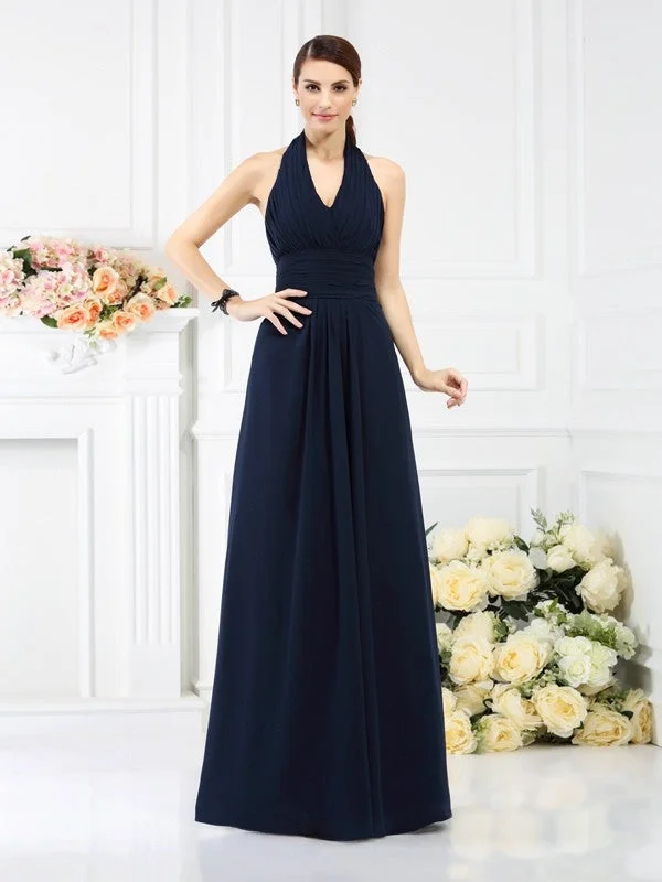 Affordable Women's Clothing Rustic Countryside Charm Look A-Line/Princess Halter Pleats Sleeveless Long Chiffon Bridesmaid Dresses