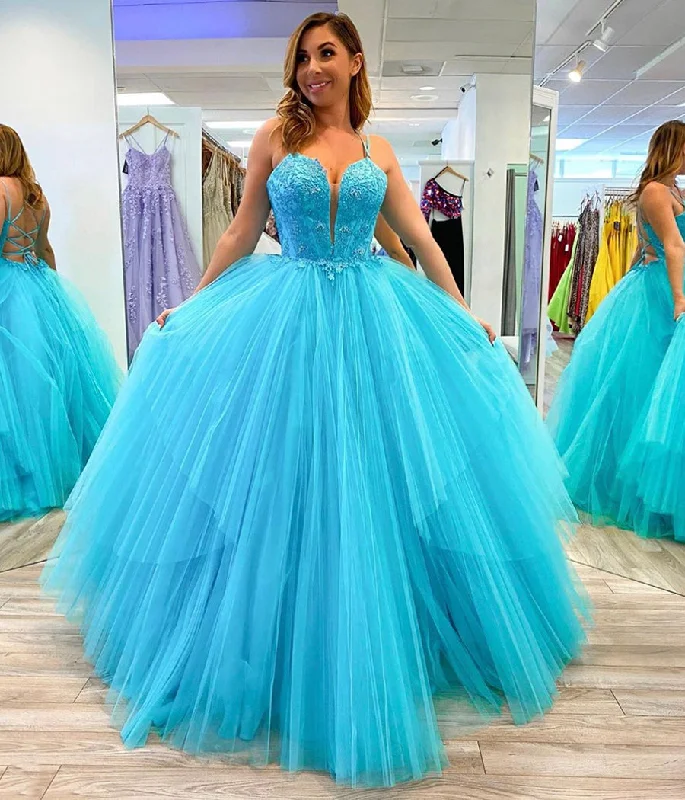 Women's Festive Attire BLUE TULLE LACE LONG PROM GOWN EVENING DRESS   cg10466