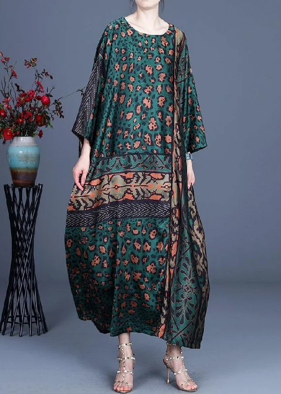 Women's Athletic Garments Chic Allure Loose Green Leopard Long sleeve Chiffon Holiday Dress Summer Spring