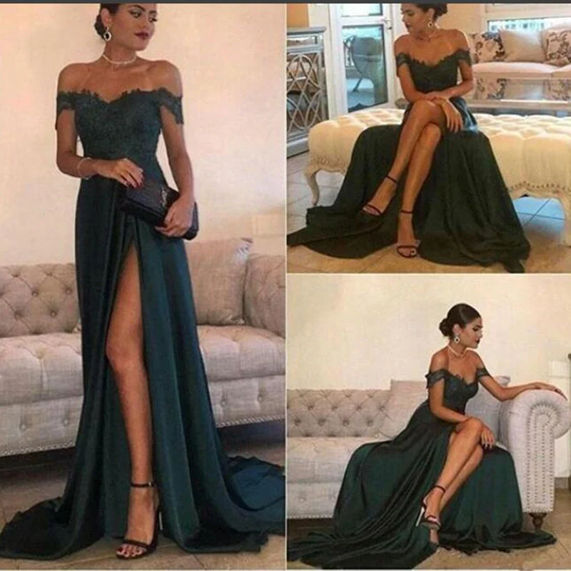 Women's Clothing Apparel Sets Feminine Soft - Hued Look Dark Green lace Prom Dress with Slit Long Party Dresses women Gown Vestido De Festa LP0420