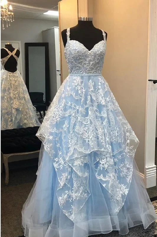 Women's Clothing Sets Gorgeous Light Blue and White Lace Long Formal prom Gown  cg8532