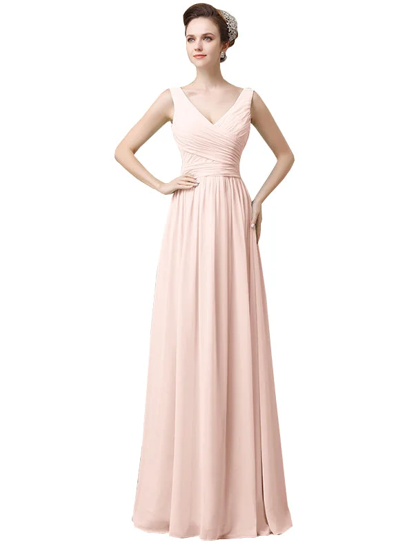 Women's Clothing For Holiday Travel Limited - Stock V-Neck Chiffon A-line Floor-Length Long Bridesmaid Dresses