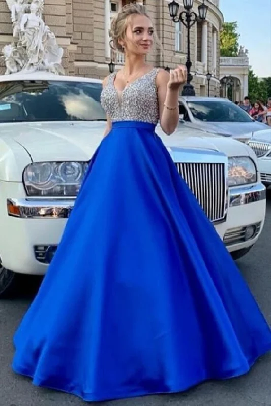 Women's Stylish Vacation Attire Mother's Day Special Royal Blue Satin Long Prom Dress with Silver Sequins Top   cg10051