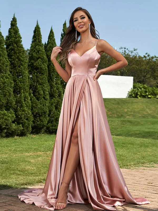 Women's Comfortable Garments Soft Textures A-Line/Princess Silk like Satin Ruffles V-Neck Sleeveless Sweep/Brush Train Bridesmaid Dresses