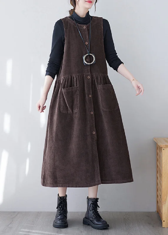 Women's Transitional Clothes Seasonal Trend Brown Patchwork Corduroy Long Dress O-Neck Pockets Sleeveless