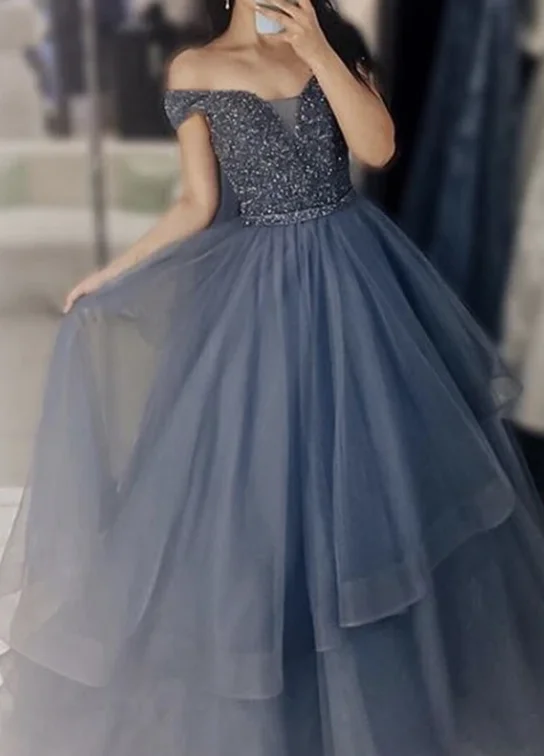 Women's Evening Attire Gray tulle beads long ball dress formal dress prom gown formal dress   cg10844