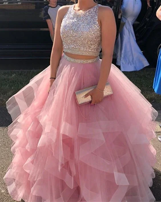 Women's Elegant Evening Attire two piece ball gown,ball gown prom dresses, 2 piece prom dresses,ruffles prom dresses cg5048