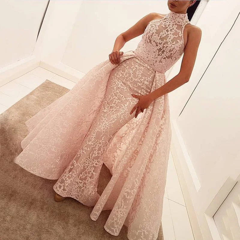 Women's Elegant Apparel Parisian Effortless Chic Style Halter Lace Detachable Pink Long Prom Dresses 2020 Party Gown vestido de baile