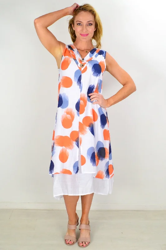 Women's Luxury Apparel Nordic Minimalist Home Look Orange Spot Sleeveless Coconut Button Tunic Dress