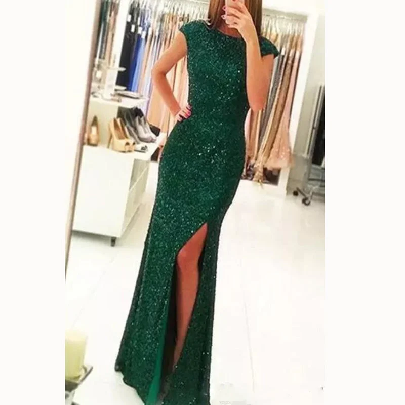 Charming Women's Outfit For Special Occasions Contemporary Elegance Trendy Cap Sleeves Sexy Slit Glitter Sequins Prom Dress Green Formal Party Gown galajurken 2018