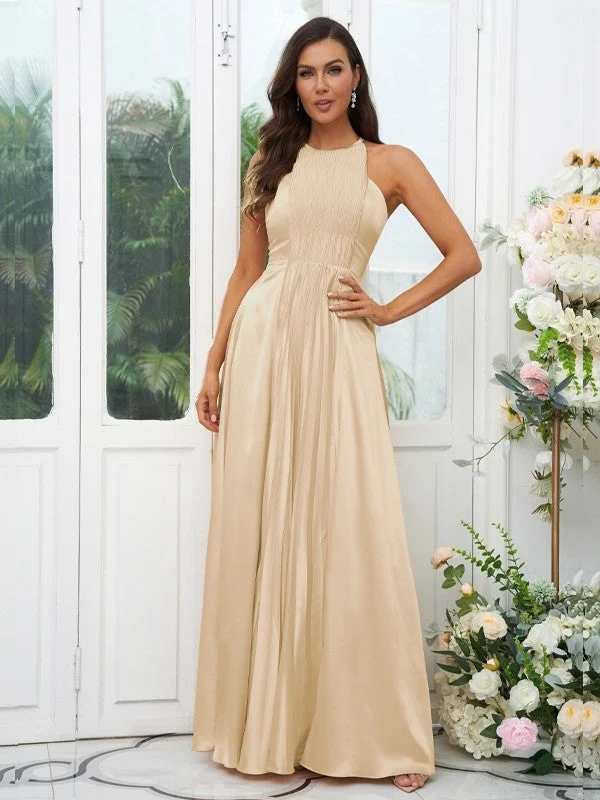 Elegant Women's Attire Coastal Beach - Inspired Style A-Line/Princess Silk like Satin Ruffles Halter Sleeveless Floor-Length Bridesmaid Dresses