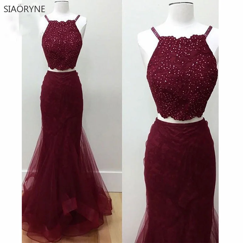 Women's Vintage Clothes Statement Piece Two Pieces Prom Dress 2018 Burgundy Formal Evening Gown Long with Appliques Beaded Tulle dress for graduation Evening Prom Dress