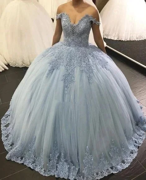 Women's Effortless Casual Outfit Blue Tulle Appliques Quinceanera Dress Off Shoulder Ball Gown Prom Dresses    cg10852