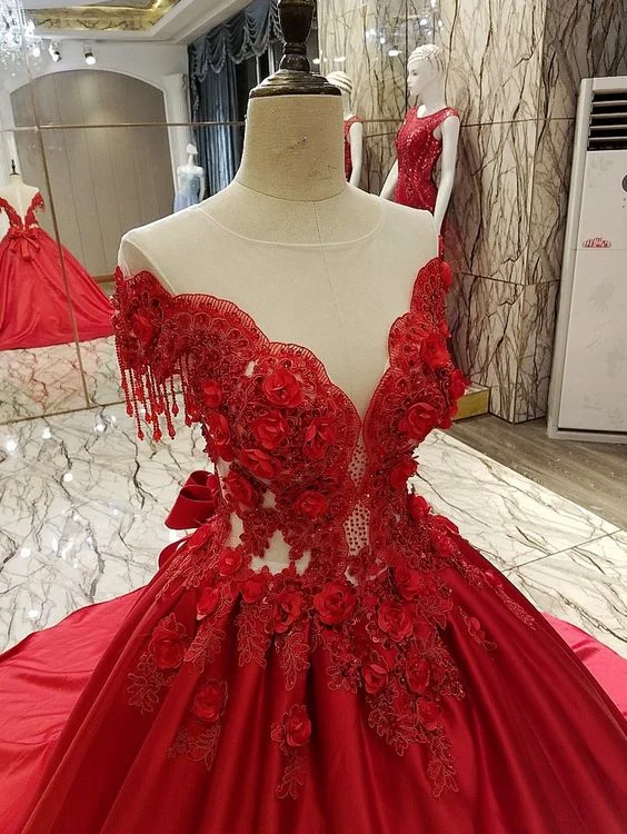 Charming Women's Garments Feminine Elegance New High-end Luxury Satin Evening Dress Bride Married Red Lace Flower with Beading Sweep Train Long Prom Party Gowns   cg16313