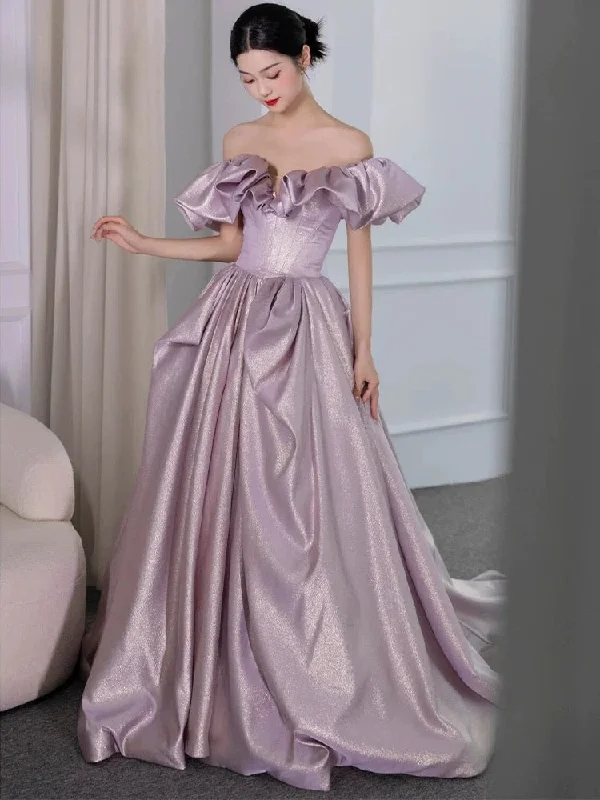 Women's Cozy Outfit For Lounging Bold Patterns Elegant Ball Gown Off The Shoulder Lilac Short Sleeves Evening Dress Long Prom Dresses C3581