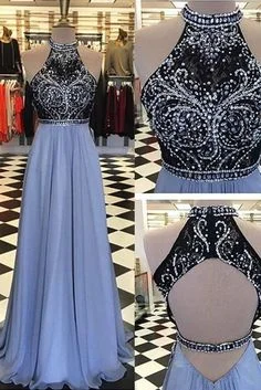 Women's Clothes For Outdoor Events Charming Prom Dress, Black and Blue Prom Dress, Halter Prom Dress, Beads Top Sleeveless Open Back Evening Gown Formal Prom Dress  cg7966