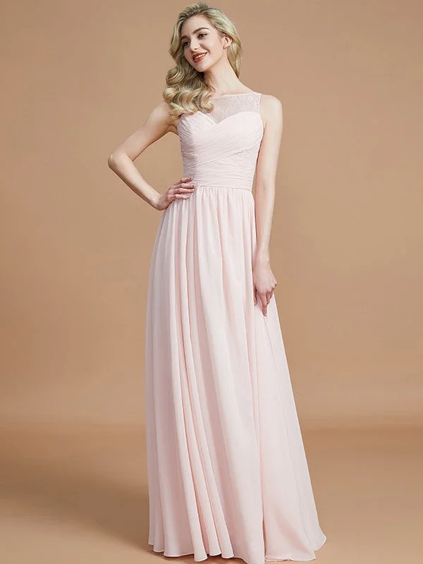 Affordable Trendy Clothes For Women Alluring Design A-Line/Princess Bateau Sleeveless Ruched Floor-Length Chiffon Bridesmaid Dresses