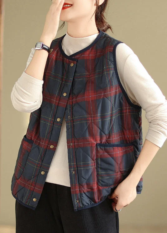 Women's Seasonal Clothing Great Deals on Ethnic Cultural Wear Women Red Navy Plaid Pockets Patchwork Warm Fleece Vest Sleeveless