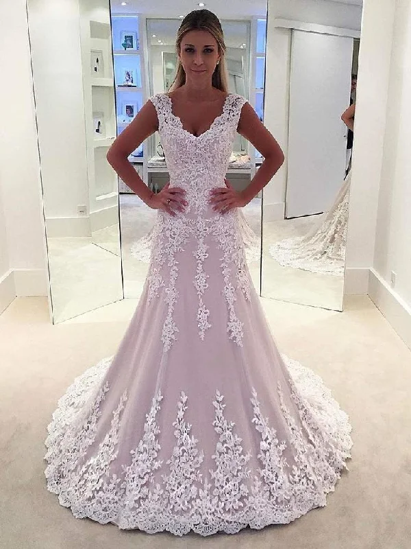 Women's Occasion Wear Clothing Graceful Drape V-neck Long Lace Wedding Dresses, Elegant Bridal Gown