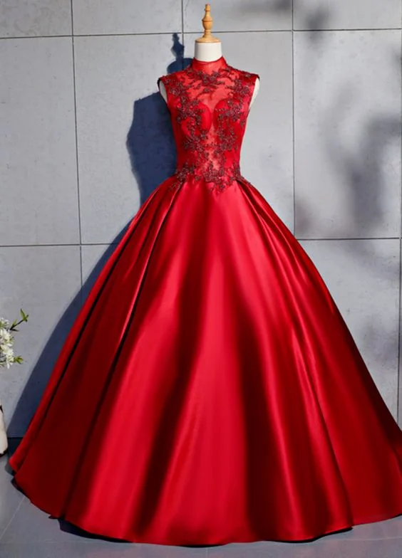 Women's Vintage-Inspired Clothing Celebrate with Big Savings Red Satin High Neck Beaded Formal Prom Dress, Halter Evening Dress   cg10560