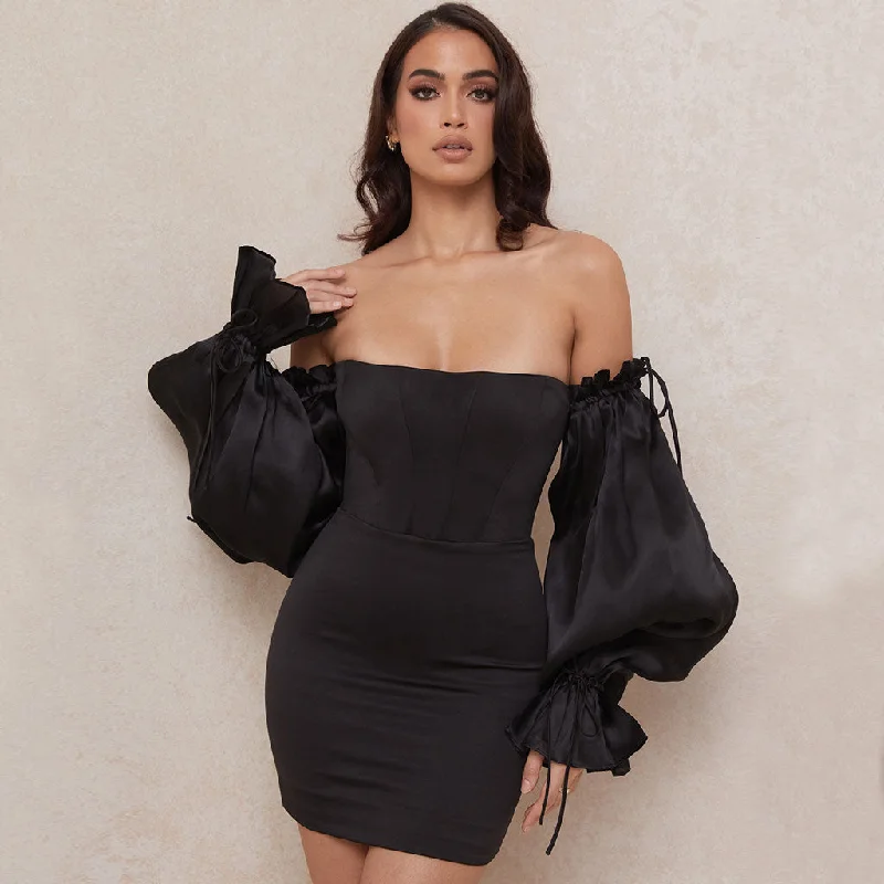 Charming Women's Garments Urban Sophistication Cute Off Shoulder Puff Sleeve Bodycon Party Mini Dress - Black