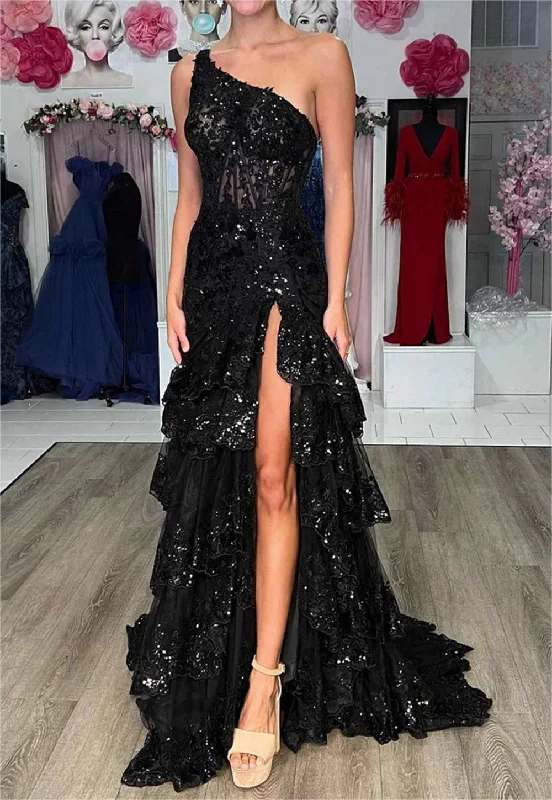 Women's Elegant Evening Outfit Vintage Elegance Women One Shoulder Lace Prom Dresses Long Slit Appliques Evening Gowns Sleeveless Formal Party Dress YPD656