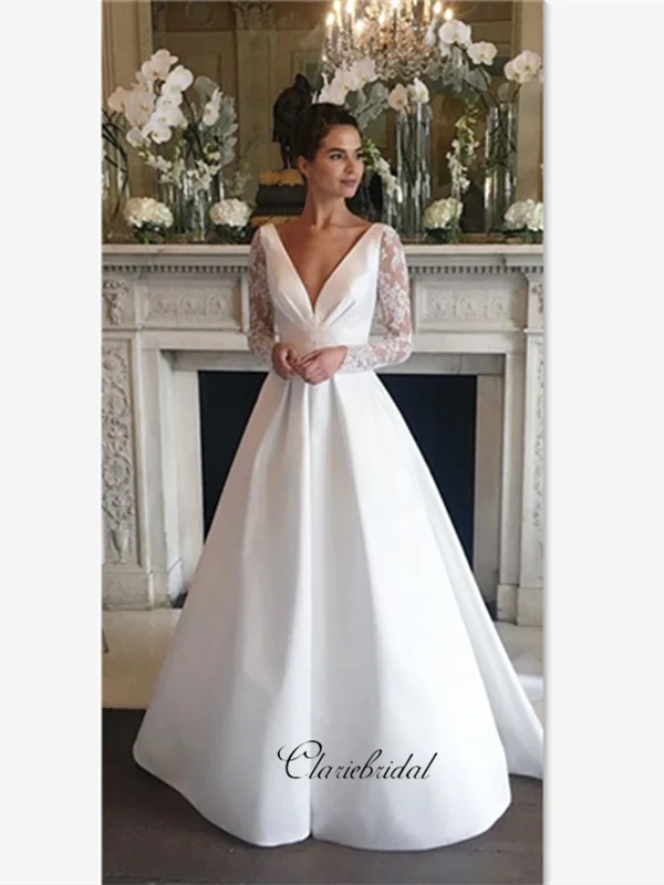 Luxury Women's Clothes Feminine Soft - Hued Look Long Sleeves Lace A-line Wedding Dresses, V-neck Stain Lace Wedding Dresses