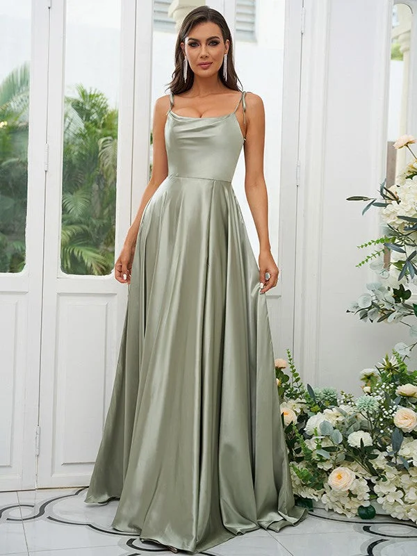 Women's Workout Garments Romantic Detailing A-Line/Princess Silk like Satin Ruffles Spaghetti Straps Sleeveless Sweep/Brush Train Bridesmaid Dresses