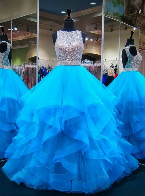 Women's Luxury Attire Blue Puffy Ball Gown Crystals Backless African Prom Dresses cg5454