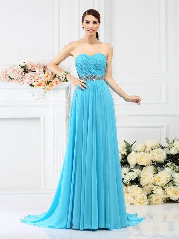 Women's Classic Attire Feminine Elegance A-Line/Princess Sweetheart Beading Pleats Sleeveless Long Chiffon Bridesmaid Dresses