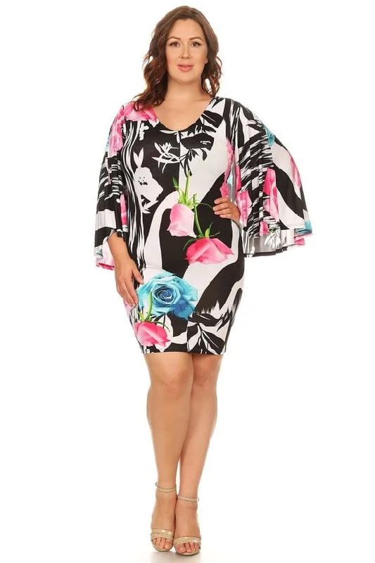 Women's High-Fashion Attire Feminine Elegance Plus Size Cape Detail Floral printed V-Neck Bodycon Dress