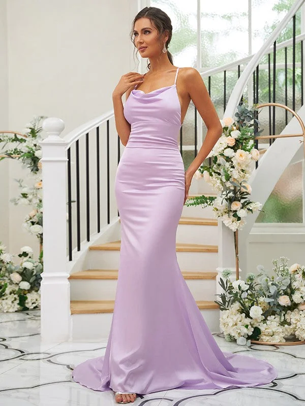 Women's Plus-Size Garments Vintage Elegance Sheath/Column Ruched Square Sleeveless Sweep/Brush Train Bridesmaid Dresses