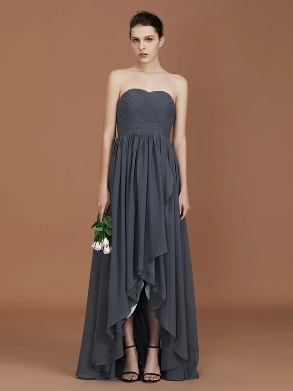 Women's Holiday Clothes Great Prices on Feminine Styles A-Line/Princess Asymmetrical Sleeveless Ruched Sweetheart Floor-Length Chiffon Bridesmaid Dresses