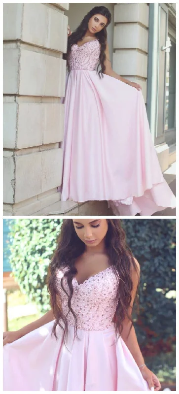 Women's Trendy Garments Elegant Details Pretty Pink Satin Evening Gowns Beaded V Neck Long Prom Dresses   cg9305