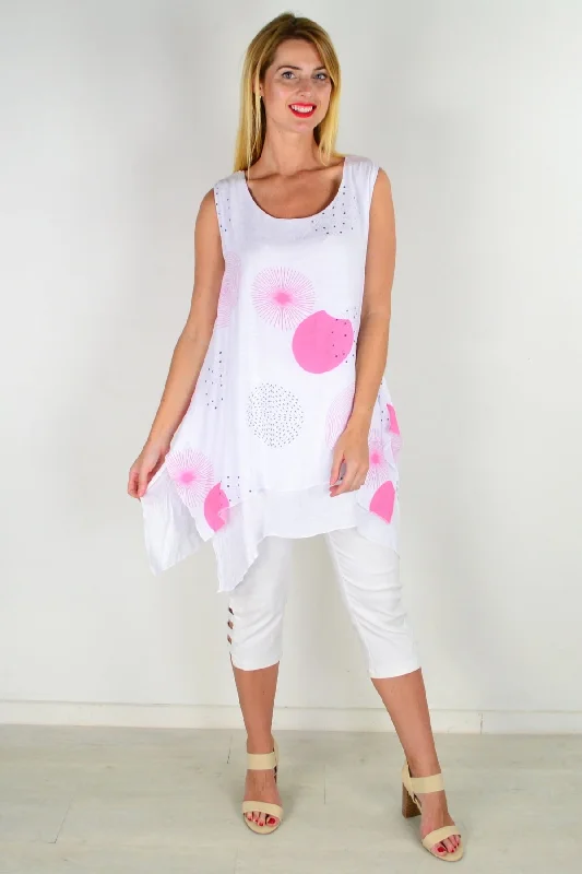 Women's Clothing Apparel Art Deco Geometric Pattern Look Pink Circle Sleeveless Tunic Top