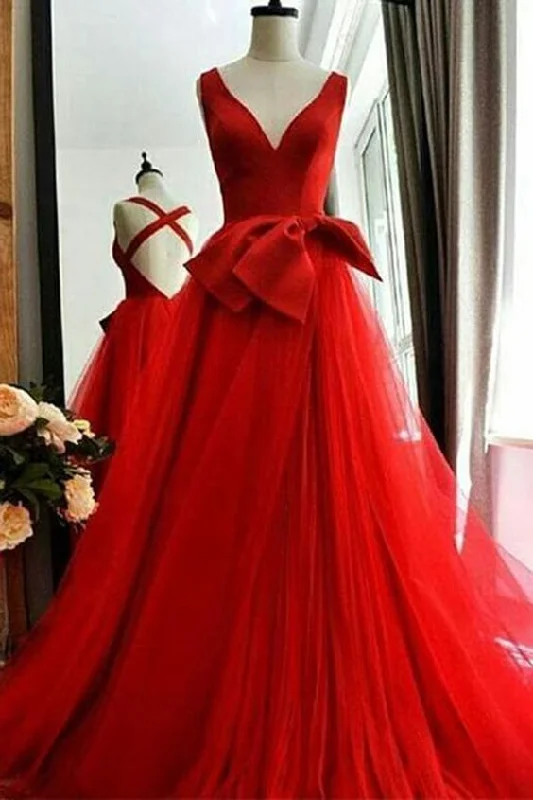 Timeless Women's Apparel Early Access to Art Deco Styles Sale Simple Red Satin Tulle V Neck Cross Back Long Senior Prom Dress    cg15166