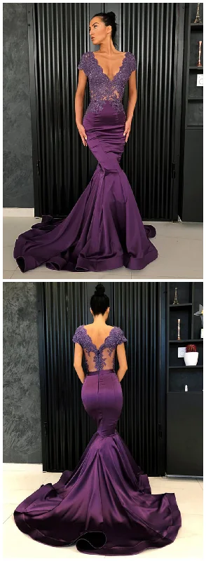 Affordable Women's Outfit Flowy Fabric Purple Satin Cap Sleeve V Neck Long Lace Mermaid Formal Dress, Evening prom Dress    cg9307