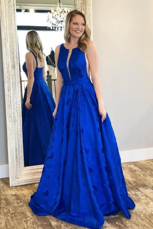 Comfortable Outfit For Women Dreamy Aesthetic Charming A-Line Crew Floor-Length Royal Blue Printed Satin Prom Dresses   cg10043