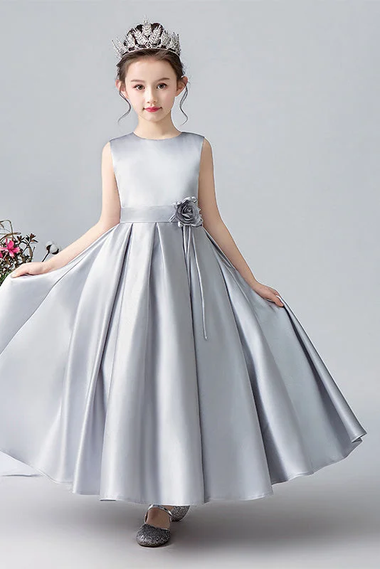 Women's Floral Print Outfit Romantic Date - Night Ensemble A Line Silver Sleeveless Flower Girl Dresses With Flower Belt