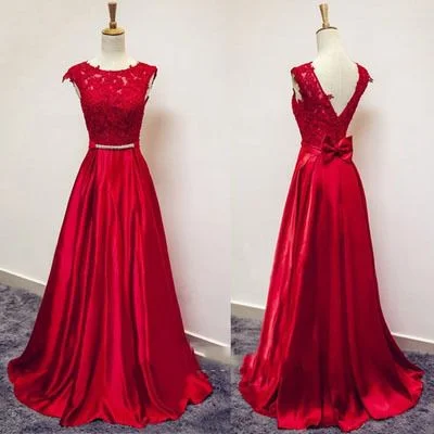 Women's Outerwear Attire Score Big on Glamorous Red - Carpet Styles Red Lace and Satin V Back Long Prom Dresses, Red Formal Gowns   cg12200