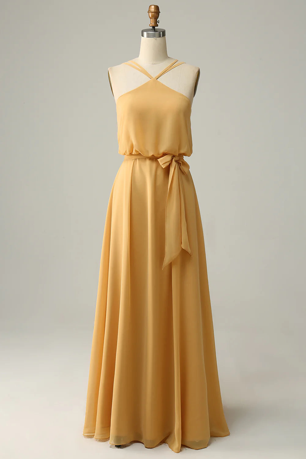 Women's Cozy Outfit For Lounging Romantic Detailing Amzcw A Line Halter Yellow Long Bridesmaid Dress with Bowknot