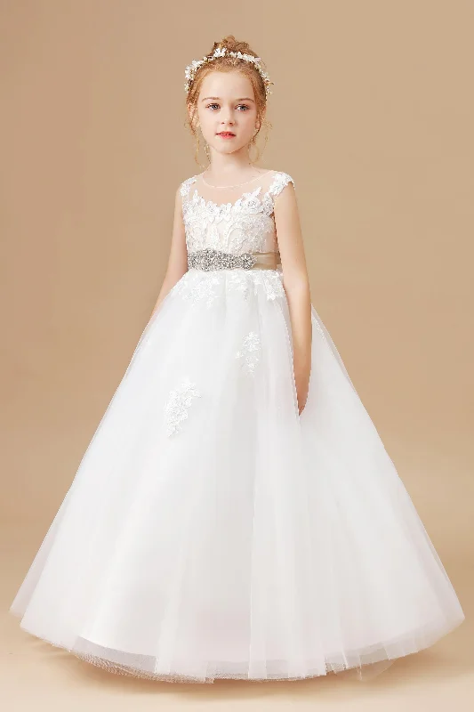 Women's Transitional Outfit Chic Allure Ivory Sleeveless Tulle Applique Flower Girl Dresses With Champagne Bowknot